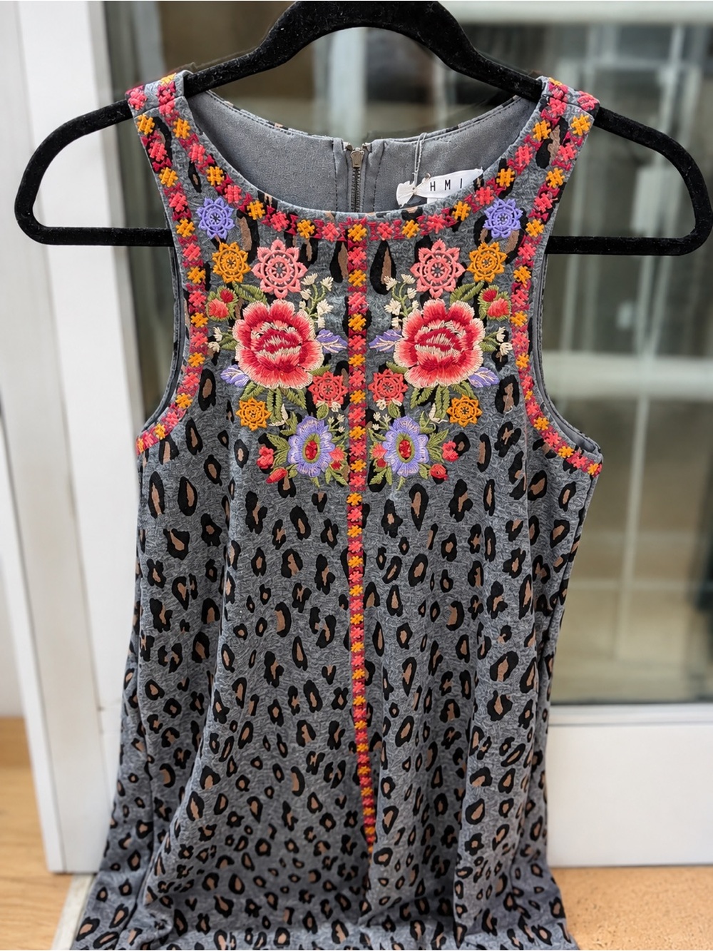 THML Gray Leopard-Print Mini Dress with Multicolor Floral Embroidery